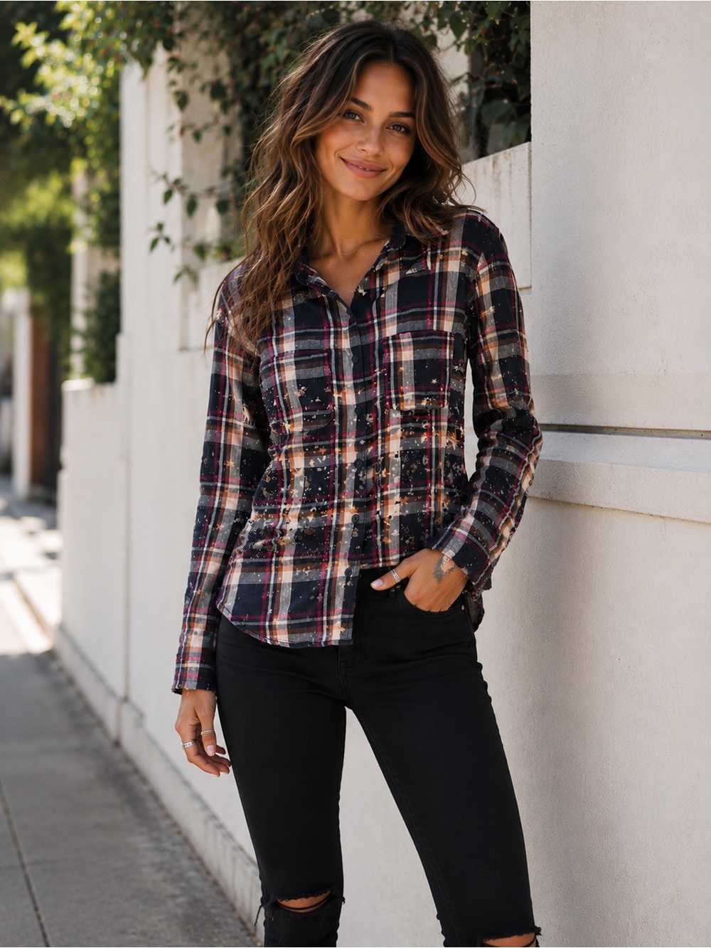 Vanilla Star Plaid Distressed Button-Up Shirt S Multicolor Y2K  Grunge Caasual